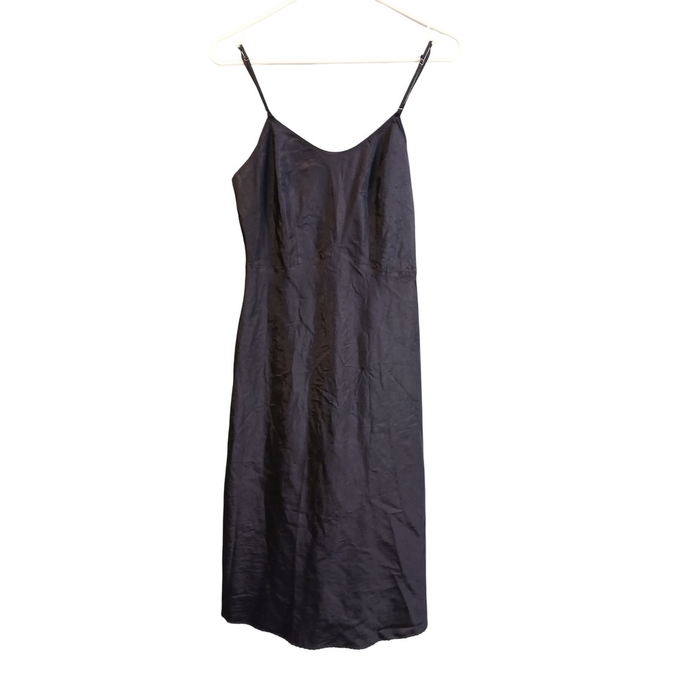 Vtg Navy Blue Crinkle Midi Slip Dress V-Neck Small Underslip Coquette Formal